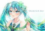  1girl :d aryuma772 bangs black_necktie blue_eyes blue_hair blue_nails blush clover detached_sleeves eyebrows_visible_through_hair green_ribbon hair_between_eyes hair_ornament hatsune_miku highres long_hair long_sleeves nail_polish necktie open_mouth ribbon shamrock shiny shiny_hair simple_background smile solo twintails upper_body very_long_hair vocaloid white_background white_sleeves wing_collar 