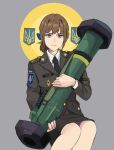  1girl bangs black_necktie blue_eyes brown_hair closed_mouth commentary_request cowboy_shot expressionless fgm-148_javelin highres holding holding_weapon looking_at_viewer medium_hair military military_uniform necktie original perfect_han rocket_launcher shirt sitting skirt solo ukraine ukrainian_flag uniform weapon white_shirt 