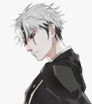  1boy black_hair colored_sclera hakufutsu looking_at_viewer male_focus multicolored_hair otori_ojirou red_sclera scar scar_across_eye simple_background solo tribe_nine two-tone_hair upper_body white_background white_eyes white_hair 