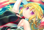  1girl black_swimsuit blonde_hair competition_swimsuit covered_navel cowboy_shot highleg highleg_swimsuit long_hair looking_at_viewer mitake_eil one-piece_swimsuit original partially_submerged solo swimsuit twitter_username violet_eyes water 