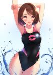  1girl arm_behind_head arms_up bob_cut breasts brown_eyes brown_hair competition_swimsuit cowboy_shot gloria_(pokemon) highres medium_breasts one-piece_swimsuit pokemon pokemon_(game) pokemon_swsh short_hair simple_background solo standing swimsuit toyomi_13 two-tone_swimsuit white_background 