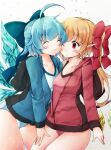  2girls ^_^ ahoge alternate_costume bangs blue_bow blue_eyes blue_hair blue_jacket blue_swimsuit bow cirno closed_eyes closed_mouth cowboy_shot crystal flandre_scarlet gradient gradient_background hair_bow ice ice_wings jacket jyaoh0731 long_hair looking_at_another multiple_girls one_eye_closed one_side_up pointy_ears red_bow red_eyes red_jacket red_swimsuit short_hair smile swimsuit swimsuit_cover-up touhou wings 