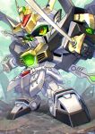  bakuou_gundam colored_sclera dual_wielding green_sclera gundam holding holding_sword holding_weapon kinako_(karasu_nomaru) looking_up mecha red_eyes science_fiction sd_gundam sd_gundam_musha_maruden standing sword twitter_username v-fin weapon 