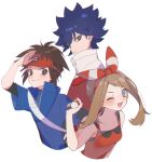  1girl 2boys bangs blue_eyes blue_hair blush breasts brown_eyes brown_hair closed_mouth commentary_request cropped_torso hair_between_eyes hat high_collar highres holding holding_poke_ball hugh_(pokemon) jacket may_(pokemon) mei_(maple_152) multiple_boys nate_(pokemon) one_eye_closed open_mouth poke_ball pokemon pokemon_(game) pokemon_bw2 pokemon_masters_ex pokemon_oras red_headwear simple_background small_breasts spiky_hair tank_top visor_cap white_background 
