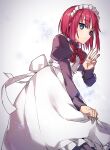  1girl absurdres apron blue_eyes bow bowtie closed_mouth collared_shirt highres hisui_(tsukihime) long_sleeves looking_at_viewer maid maid_headdress purple_shirt red_bow red_bowtie redhead shigure_(shigure_43) shiny shiny_hair shirt short_hair solo tsukihime white_apron wing_collar 