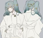 1girl absurdres bad_id blue_hair commentary grey_background hair_ornament hatsune_miku highres long_hair multiple_views parted_lips pipi simple_background star_(symbol) star_hair_ornament twintails upper_body vocaloid white_robe yellow_eyes 
