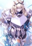  1girl armor bangs blonde_hair breastplate breasts chain fairy_knight_gawain_(fate) fate/grand_order fate_(series) faulds gauntlets greaves green_eyes highres horns large_breasts long_hair pauldrons routemoi shoulder_armor solo sword thighs weapon 