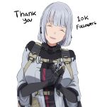  1girl black_gloves braid breasts closed_eyes cyka english_text girls_frontline gloves highres large_breasts milestone_celebration rpk-16_(girls&#039;_frontline) short_hair side_braids silver_hair solo tactical_clothes thank_you upper_body white_background 