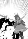  1girl absurdres ahoge animal_ears arms_up asymmetrical_legwear braid commentary_request explosion gryebooks hair_between_eyes highres horse_ears horse_tail looking_up mejiro_bright_(umamusume) monochrome open_mouth solo tail thigh-highs twin_braids umamusume umbrella 
