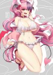  1girl absurdres bare_shoulders blush breasts erotanuki full_body hair_ornament highres horns huge_breasts ironmouse long_hair looking_at_viewer midriff navel open_mouth pink_eyes pink_hair sandals smile solo swimsuit tail under_boob very_long_hair virtual_youtuber vshojo white_swimsuit 