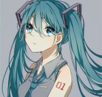  1girl arm_tattoo aryuma772 bangs blue_eyes blue_hair blue_necktie collarbone collared_shirt eyebrows_visible_through_hair grey_background grey_shirt hair_between_eyes hair_ornament hatsune_miku highres long_hair necktie parted_lips shirt simple_background solo tattoo twintails upper_body very_long_hair vocaloid wing_collar 
