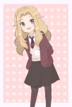  1girl artist_name bangs blonde_hair blue_eyes border brown_skirt character_doll chocomiru full_moon long_hair moon necktie open_mouth pokemon pokemon_(game) pokemon_swsh polka_dot polka_dot_background school_uniform skirt smile solo uniform white_border 