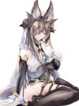  1girl absurdres animal_ears asymmetrical_hair bangs breast_press breasts brown_hair closed_eyes detached_sleeves frilled_sleeves frills galleon_(granblue_fantasy) gloves granblue_fantasy hair_between_eyes highres horns huge_breasts long_hair oonotsu! pointy_ears sagging_breasts solo veil very_long_hair white_gloves 