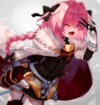  1boy absurdres astolfo_(fate) bangs blush bow braid cape cloak eyebrows_visible_through_hair fang fate/apocrypha fate/grand_order fate_(series) fur-trimmed_cloak fur_collar fur_trim hair_bow hair_intakes hair_ribbon highres long_braid long_hair long_sleeves looking_at_viewer male_focus multicolored_hair one_eye_closed otoko_no_ko pink_hair ribbon shitone_mizuuuuu skin_fang smile solo v v_over_eye violet_eyes 