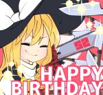  1girl bangs black_headwear black_vest blonde_hair blush bow braid chainsaw closed_eyes closed_mouth commentary cookie_(touhou) eyebrows_visible_through_hair glint gram_9 hair_bow happy_birthday hat hat_bow kirisame_marisa knife long_hair pink_background red_bow shirt side_braid single_braid smile solo sparkle star_(symbol) suzu_(cookie) touhou upper_body vest white_bow white_shirt witch_hat 