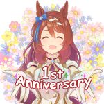  1girl :d animal_ears anniversary bangs blue_eyes blue_flower bow brown_hair closed_eyes dress floral_background flower gloves hair_bow hair_ornament highres horse_ears horse_girl long_hair looking_at_viewer open_mouth outstretched_arms pink_flower shiromaru_illust short_sleeves smile solo super_creek_(umamusume) umamusume white_background white_dress white_gloves yellow_flower 