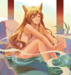  1girl animal_ears arknights bangs bare_shoulders blush brown_hair ceobe_(arknights) closed_eyes dog_ears dog_girl dog_tail drinking drinking_straw fang highres kernel_killer long_hair naked_towel sitting skin_fang solo tail towel 