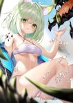  1girl animal_ear_fluff animal_ears arknights bandeau bangs bare_legs bikini blue_sky breasts cat_ears commentary criss-cross_halter day ehart feet_out_of_frame green_eyes green_hair hair_between_eyes halterneck hand_up kal&#039;tsit_(arknights) looking_at_viewer medium_breasts mon3tr_(arknights) navel open_mouth oripathy_lesion_(arknights) short_hair sky solo stomach swimsuit thighs water_drop white_bikini 
