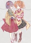  2girls =3 apron bell black_skirt boots bow brown_footwear character_name checkered checkered_clothes checkered_kimono clothes_writing flower frilled_skirt frills full_body hair_bell hair_flower hair_ornament hieda_no_akyuu japanese_clothes kimono long_sleeves motoori_kosuzu multiple_girls purple_hair red_eyes red_skirt ribbon short_hair skirt sorani_(kaeru0768) touhou twintails two_side_up wide_sleeves 