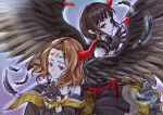  2girls bare_shoulders black_feathers brown_hair capricious_darklord chomose circlet dress duel_monster falling_feathers feathered_wings feathers grey_skirt hand_up horns indulged_darklord long_hair medium_hair multiple_girls pointy_ears red_eyes single_horn skirt smile wings yu-gi-oh! 