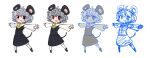  1girl animal_ears bangs black_footwear blush capelet commentary cookie_(touhou) eyebrows_visible_through_hair flat_color full_body gram_9 grey_hair grey_skirt grey_vest hair_between_eyes highres how_to layered_clothing long_sleeves looking_at_viewer mouse_ears mouse_girl mouse_tail nazrin nyon_(cookie) open_mouth outline red_eyes shirt shoes short_hair simple_background sketch skirt skirt_set smile socks t-pose tail touhou vest white_background white_capelet white_legwear white_shirt 