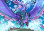  blue_sky claws clouds commentary day digimon digimon_(creature) feathered_wings full_body looking_at_viewer no_humans open_mouth orange_eyes ornismon outdoors ryo@ sky wings 