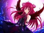  1girl alpha_(yukai_na_nakamatachi) bangs belt belt_buckle black_belt black_sleeves black_wings buckle clouds detached_sleeves floating_hair game_cg hair_between_eyes horns long_hair moon multiple_wings nerthus_(ore-sama_ragna_rock) ore-sama_ragna_rock red_eyes red_skirt redhead shiny shiny_hair skirt slit_pupils solo very_long_hair wings 