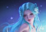  1girl bare_shoulders blue_eyes blue_hair douluo_dalu feiyue_yu hair_ornament jewelry long_hair looking_at_viewer tang_wutong_(douluo_dalu) weibo_id weibo_logo 