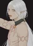  1boy arm_tattoo arm_up black_background chest_tattoo detached_collar dungeon_meshi elf from_side green_eyes hair_around_ear hair_tubes long_hair looking_at_viewer looking_to_the_side low_twintails lycion male_focus notched_ear o-ring open_mouth pale_skin pointy_ears ringed_eyes simple_background solo sunakienn tattoo topless_male twintails upper_body white_hair 