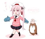  1girl absurdres beret black_skirt blue_hair bokukawauso creature dated gradient_hair hand_puppet harusame_(kancolle) hat highres kantai_collection masara_(chuujou) multicolored_hair neckerchief one-hour_drawing_challenge otter pink_hair pink_sweater pleated_skirt puppet red_eyes red_neckerchief sailor_collar school_uniform serafuku shark side_ponytail simple_background skirt sweater the_yuudachi-like_creature twitter_username walking white_background white_headwear white_sailor_collar 