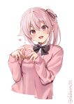  1girl :d black_bow black_bowtie black_ribbon bow bowtie collared_shirt ebifurya eyebrows_visible_through_hair hair_ribbon hands_up harusame_(kancolle) heart heart_hands highres kantai_collection long_hair looking_at_viewer one-hour_drawing_challenge pink_eyes pink_hair pink_sweater ribbon shirt side_ponytail smile solo sweater twitter_username white_background white_shirt 