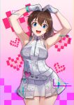  1girl arms_up belt blue_eyes brown_hair collarbone dress earrings gloves heart heart_arms high_ponytail highres idolmaster idolmaster_million_live! idolmaster_million_live!_theater_days jewelry kamille_(vcx68) long_hair looking_at_viewer open_mouth ponytail pose satake_minako short_dress sleeveless sleeveless_dress smile solo white_belt white_dress white_gloves 