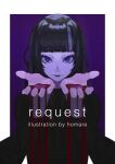  1girl bangs black_hair black_shirt blood blue_eyes blunt_bangs border closed_mouth commentary_request commission highres homare_eramoh long_hair long_sleeves looking_at_viewer original purple_background reaching_out shirt simple_background skeb_commission solo upper_body white_border 