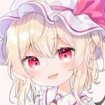  1girl :d bangs blonde_hair eyebrows_visible_through_hair fangs flandre_scarlet hat hat_ribbon looking_at_viewer open_mouth pafe_yuzuran pointy_ears red_eyes red_ribbon ribbon simple_background skin_fangs smile solo touhou white_background white_headwear 
