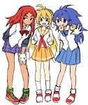  3girls blonde_hair blue_hair doughnut food genderswap genderswap_(mtf) gloves highres himuhino humanization knuckles_the_echidna multiple_girls pleated_skirt redhead school_uniform serafuku shoes skirt sneakers sonic_(series) sonic_the_hedgehog tails_(sonic) white_background 