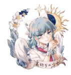  1girl angel_wings blue_eyes blue_hair bow crescent_moon dress eyebrows_visible_through_hair feathered_wings flower hair_bow highres mai_(touhou) moon puffy_short_sleeves puffy_sleeves short_hair short_sleeves simple_background star_(symbol) touhou touhou_(pc-98) translation_request white_background white_bow white_dress white_wings wings wrist_cuffs yorktown_cv-5 