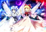  2girls absurdres angel_wings bangs black_bow black_sash blonde_hair blue_eyes blue_hair bow bowtie breasts brown_vest closed_mouth commentary_request crescent_moon dress eyebrows_visible_through_hair feathered_wings frilled_dress frilled_sleeves frills gengetsu_(touhou) hair_bow highres holding_hands juliet_sleeves long_sleeves looking_at_viewer mai_(touhou) medium_breasts moon multiple_girls one_eye_closed ougi_maimai pink_dress puffy_sleeves red_bow red_bowtie red_ribbon ribbon sash short_hair short_sleeves smile tongue tongue_out touhou touhou_(pc-98) vest white_bow white_dress white_feathers white_wings wings yellow_eyes 