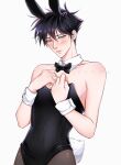  1boy alternate_costume animal_ears artist_name bangs bare_shoulders black_bow black_bowtie black_hair black_legwear black_leotard blush bow bowtie closed_mouth crossdressing detached_collar earrings fushiguro_megumi green_eyes hair_between_eyes highres jewelry jujutsu_kaisen leotard looking_at_viewer male_focus male_playboy_bunny pantyhose rabbit_ears rabbit_tail short_hair simple_background solo spiky_hair strapless strapless_leotard stud_earrings tail white_background wrist_cuffs z0umu 