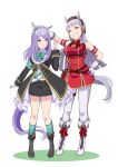  2girls animal_ears bangs black_footwear boots bow bowtie full_body gloves gold_ship_(umamusume) green_bow green_bowtie green_legwear grin hair_bow hand_on_hip headpat highres horse_ears horse_girl horse_tail long_hair long_sleeves mejiro_mcqueen_(umamusume) multiple_girls open_mouth pants purple_hair red_bow red_bowtie red_shirt shiromaru_illust shirt simple_background sleeveless sleeveless_shirt smile standing tail teeth umamusume violet_eyes white_background white_footwear white_gloves white_pants 