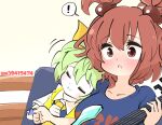  ! 2girls ascot bangs blue_shirt blush breasts closed_eyes closed_mouth collared_shirt colored_skin commentary cookie_(touhou) daiyousei diyusi_(cookie) eyebrows_visible_through_hair gram_9 green_hair guitar hair_bobbles hair_ornament holding holding_instrument holding_plectrum instrument large_breasts multiple_girls niconico_id onozuka_komachi open_mouth plectrum red_eyes redhead shirt shishou_(cookie) short_hair smile spoken_exclamation_mark touhou two_side_up upper_body white_background white_shirt white_skin yellow_ascot 