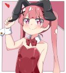  &gt;:) 1girl animal_ears bare_shoulders black_hairband blush bow bowtie closed_mouth collar commentary_request detached_collar fake_animal_ears hairband hand_up heart highres kapuru_0410 leotard long_hair pink_background pink_hair playboy_bunny rabbit_ears red_bow red_bowtie red_leotard smile solo strapless strapless_leotard tanemura_koyori twintails upper_body v-shaped_eyebrows very_long_hair violet_eyes watashi_ni_tenshi_ga_maiorita! white_collar wing_collar wrist_cuffs 