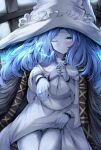  1girl blue_eyes blue_hair closed_mouth clothes_lift commentary_request dress dress_lift elden_ring extra_arms fur_cloak hat highres jewelry lifted_by_self littlehobby one_eye_closed pale_skin ranni_the_witch ring sitting solo thighs white_dress white_headwear witch witch_hat 