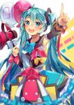  1girl 39 :d arm_up armpits aryuma772 bag balloon black_sleeves blue_bow blue_bowtie blue_eyes blue_hair bow bowtie detached_sleeves eyebrows_visible_through_hair frilled_skirt frills grey_sailor_collar hair_between_eyes hatsune_miku highres holding index_finger_raised layered_skirt long_hair long_sleeves megaphone outstretched_arm pink_bow sailor_collar shiny shiny_hair skirt smile solo standing twintails very_long_hair vocaloid white_bow yellow_bow 