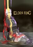  1girl absurdres armor belt belt_pouch blue_eyes breastplate capelet closed_mouth copyright_name ebonyxh elbow_gloves elden_ring fog gloves grey_capelet highres long_hair pouch sitting solo spot_color tarnished_(elden_ring) torn torn_clothes water weapon white_hair 