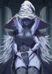  1girl alternate_breast_size armpits arms_behind_head ass_visible_through_thighs black_leotard blue_eyes blue_hair blue_skin breasts closed_mouth colored_skin covered_navel cracked_skin doll_joints elden_ring extra_arms fur_cloak grey_legwear hat heart heart_hands highres joints large_breasts leotard medium_hair one_eye_closed ranni_the_witch solo thigh-highs torahime_(roland00) white_headwear witch witch_hat 