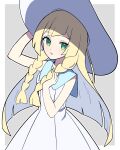  1girl absurdres blonde_hair braid dress green_eyes hand_on_headwear hat highres lillie_(pokemon) long_hair pokemon pokemon_(game) pokemon_sm sleeveless sleeveless_dress twin_braids white_dress yoriteruru 