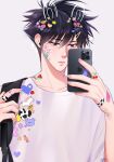  1boy apple_inc. backpack bag black_hair blue_eyes cellphone closed_mouth drawn_ears fushiguro_megumi hair_between_eyes hair_ornament hairpin hand_up highres holding holding_phone jujutsu_kaisen looking_at_phone male_focus phone shirt short_hair simple_background smartphone solo spiky_hair sticker upper_body white_background white_shirt z0umu 