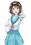  1girl :d absurdres bangs belt blue_sailor_collar blue_skirt brown_eyes brown_hair commentary eyebrows_visible_through_hair hair_ribbon hairband hand_on_hip highres kita_high_school_uniform long_sleeves looking_at_viewer myjiq open_mouth pointing pointing_at_viewer red_ribbon ribbon sailor_collar school_uniform serafuku short_hair simple_background skirt smile solo suzumiya_haruhi suzumiya_haruhi_no_yuuutsu teeth upper_teeth white_background yellow_hairband yellow_ribbon 