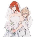  1boy 1girl alternate_costume anger_vein bangs blonde_hair blush bouquet bow bridal_veil closed_eyes closed_mouth crossdressing diluc_(genshin_impact) dress flower genshin_impact hair_between_eyes hair_bow hetero holding holding_bouquet jean_(genshin_impact) long_hair long_sleeves pants red_eyes redhead role_reversal rome_romedo simple_background smile symbol-only_commentary veil wedding_dress white_background white_dress white_flower white_pants 