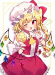  1girl ;d ascot bangs crystal eyebrows_visible_through_hair fang flandre_scarlet food food_on_face hat holding holding_food index_finger_raised long_hair looking_at_viewer mob_cap moshihimechan one_eye_closed one_side_up open_mouth red_eyes red_skirt red_vest shirt short_sleeves skirt smile solo standing touhou vest white_background white_headwear white_shirt wings wrist_cuffs yellow_ascot 